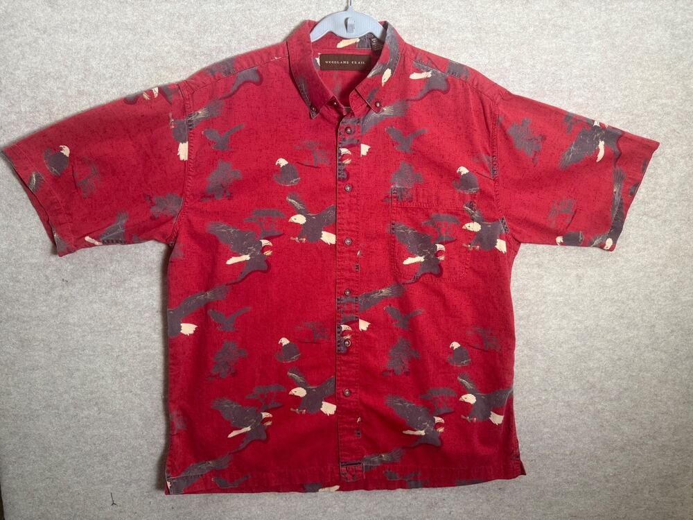 Woodland Trail Eagle Print Cotton Shirt Men's Large Vintage Short Sleeve Shirt
